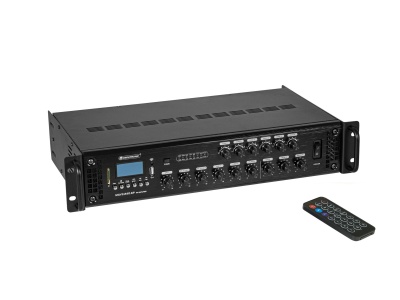 Amplificador de áudio preto com visor digital e comando remoto