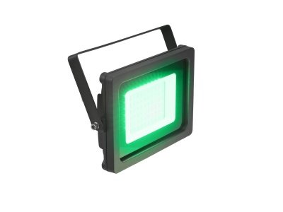 Refletor LED quadrado preto com luz verde ligada em fundo branco