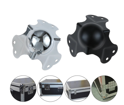 Dois protetores de canto metálicos para caixas, um prateado e outro preto, com demonstrações de uso.