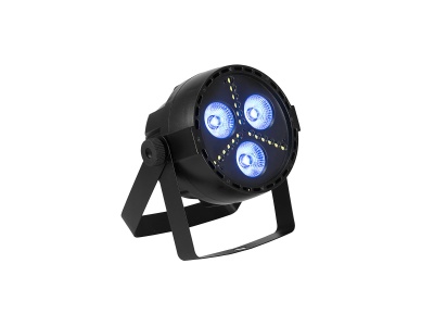 Refletor de luz LED preto com três focos azuis e suporte ajustável