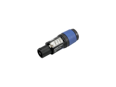 Conector elétrico preto e azul com texto 'Neutrik Powercon'