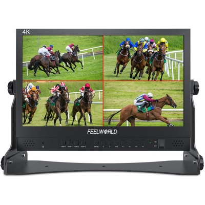 Monitor Feelworld preto com imagem de corridas de cavalos em quatro divisões