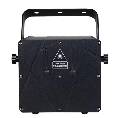 Dispositivo retangular preto com alça e aviso de laser no centro