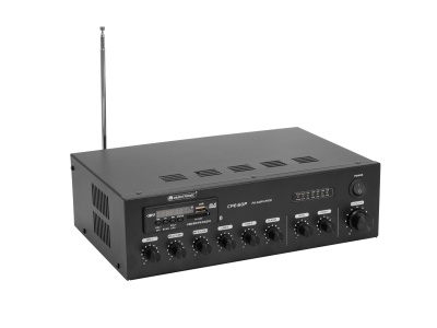 Amplificador preto com botões e antena telescópica