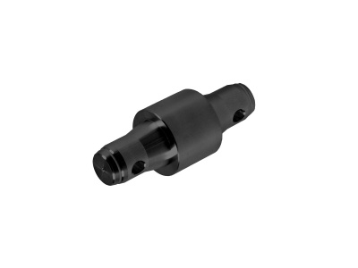 Conector preto com orifícios em ambos os extremos, fundo branco