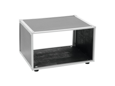 Cubículo ou caixa de armazenamento cinza e preta com estrutura metálica prateada