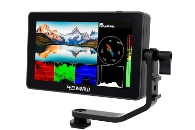 Monitor portátil FeelWorld com ecrã a cores e suporte ajustável preto