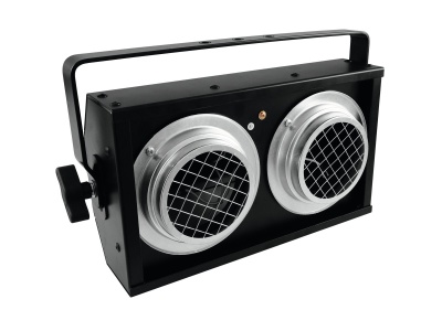 Luz de palco preta com duas lentes prateadas e grelhas metálicas