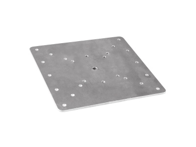 chapa metálica quadrada com furos numa superfície branca