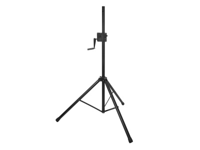 Suporte tripé metálico preto com manivela em fundo branco