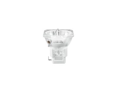 Lâmpada halógena de vidro transparente com base branca e números na parte central