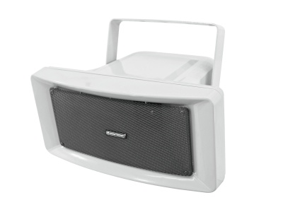 Coluna de som branca com grelha preta e suporte alça