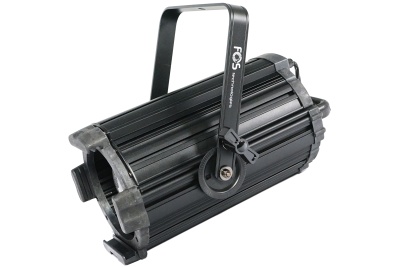 Projetor ou luz tipo fresnel preta com alça ajustável e texto FCS