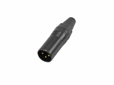 conector XLR macho preto com três pinos em fundo branco