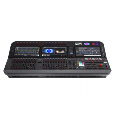 Mesa de mistura digital profissional preta com ecrãs táteis e botões várias funções