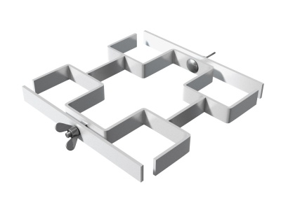 Suporte metálico branco com divisórias em ziguezague e parafusos pretos