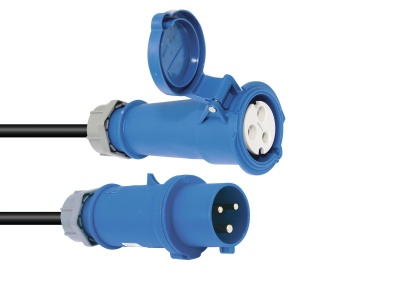 Conjunto cabo elétrico com ficha e tomada azuis de três pinos