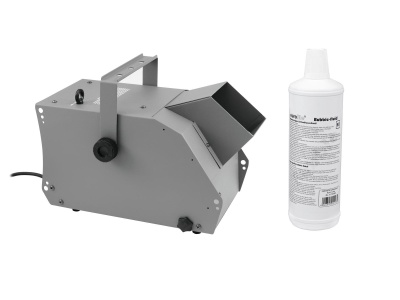 Máquina cinza metálico e frasco branco com rótulo em fundo branco