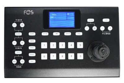 Painel de controlo preto FOS com ecrã digital e botões brancos.