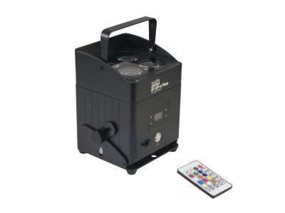 Projetor de luz LED preto com comando remoto colorido.