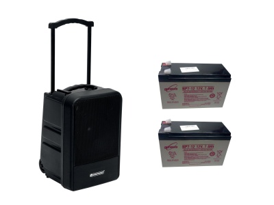 Coluna de som portátil preta com rodas e alça extensível junto a duas baterias recarregáveis epfun NP7-12 12V 7.0AH