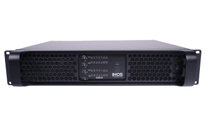 Amplificador áudio profissional IHOS D3804 preto com painel frontal grelha hexagonal e LEDs