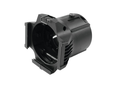 Suporte ou peça de plástico preto cilíndrica com recortes e textura lisa