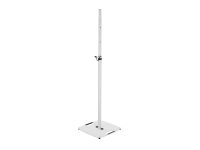 Suporte vertical metálico branco com base quadrada e aperto ajustável