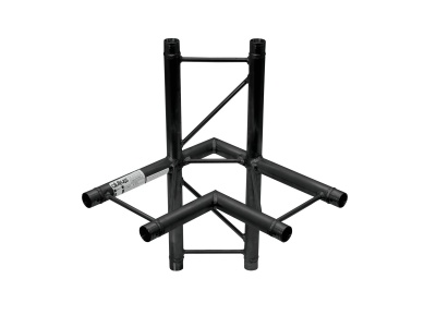 Estrutura metálica preta com tubos cilíndricos e etiqueta branca