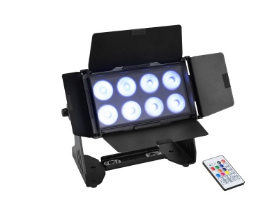 Projetor LED preto com oito luzes azuis e comando remoto colorido