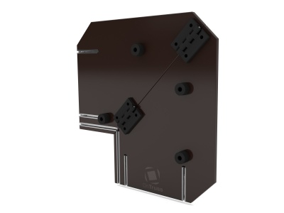 Produto castanho escuro com base transparente e componentes fixados num fundo branco.