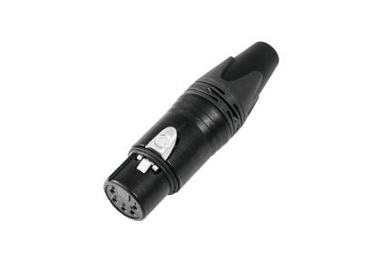 Conector de cabo XLR preto com botão branco e corpo metálico