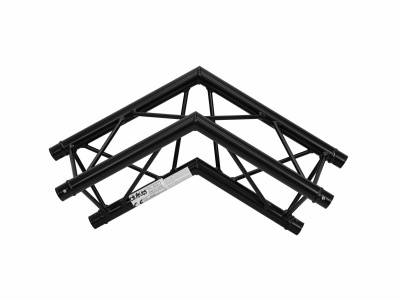 Cantoneiras metálicas pretas com estrutura tubular e rótulo branco.