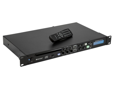 aparelho eletrónico tipo rack preto com comando remoto no topo