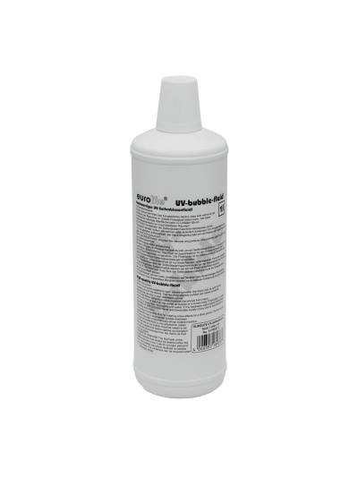 Frasco branco de líquido UV-bubble-fluid com rótulo preto e branco