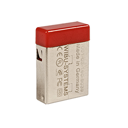 Pen USB metálico com tampa vermelha e texto Wibu-Systems Made in Germany