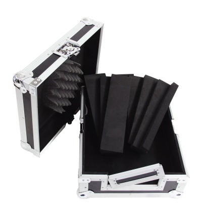 Mala de transporte preta com espuma preta no interior e blocos de espuma