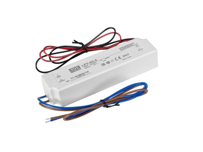 Transformador elétrico branco Mean Well modelo ELV-80-3 com fios coloridos