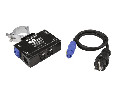 Interface Eurolite dmx splitter PRO preta com cabo de alimentação e suporte de fixação