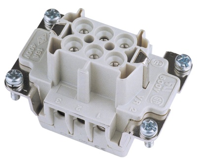 Conector elétrico branco e cinzento com parafusos metálicos e inscrições técnicas