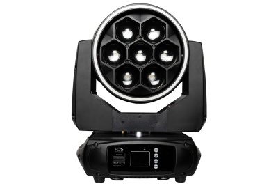 Luz profissional moving head preta com sete lentes em padrão hexagonal