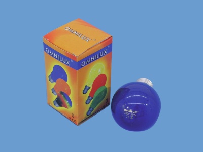 Lâmpada azul OMNILUX com embalagem colorida sobre fundo azul