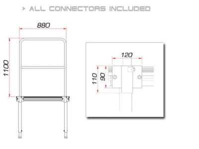 Desenho técnico de estrutura metálica com dimensões e detalhes de conector