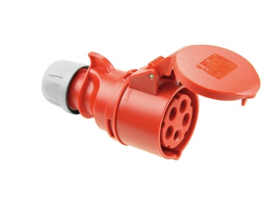 Conector industrial vermelho de cinco pinos com tampa articulada