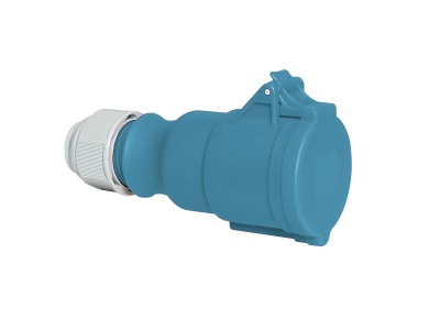 Tomada industrial azul com tampa e parte branca isolada