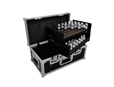 Estojo preto e cinza aberto com frascos pequenos e grandes em dois tabuleiros