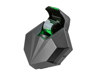 Rato gaming preto com luzes verdes e design geométrico aberto em cima