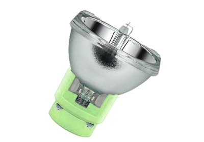 Lâmpada projetor halogéneo com base verde-clara e corpo metálico prateado