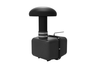 Caixa cinza escuro com tubo preto vertical e estrutura metálica lateral sobre fundo branco