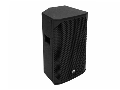 Coluna de som preta com grelha hexagonal e pega lateral